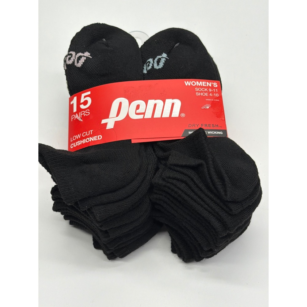 Penn Womens 15 Pairs Low Cut‎ Cushioned Socks Black Moisture Wicking PEW411B-BLK